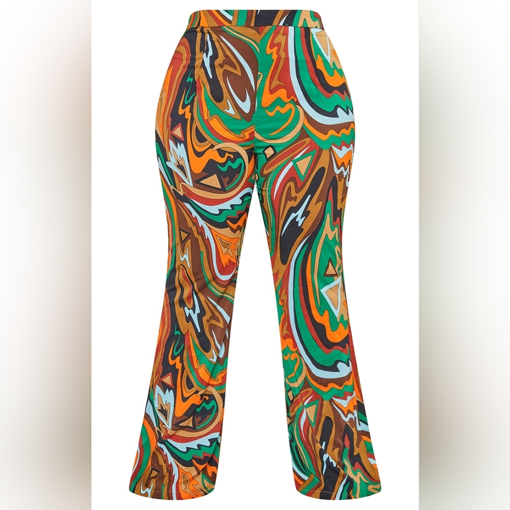 PrettyLittleThing Green and Orange Flare Trousers (Pants Only)